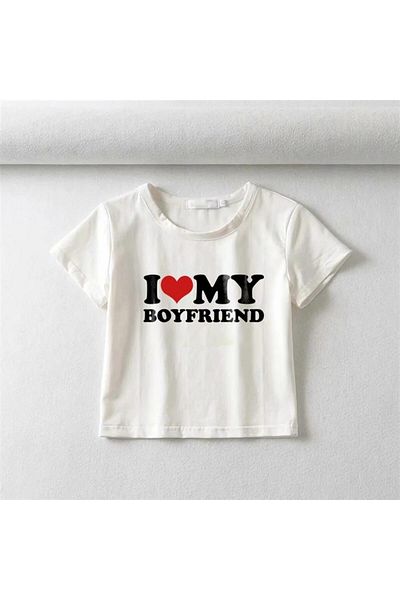 DESTİNE Daylight I Love My Boyfriend Printed White Crop