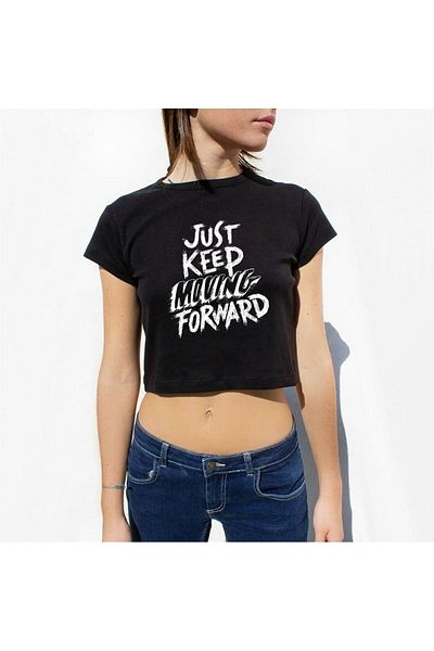 Gofeel Just Keep Moving Forward Patterned Black Color Harajuku Women's Crop Blouse T-Shirt