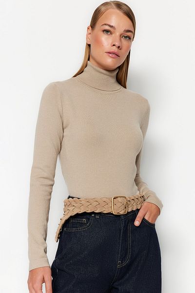 Trendyol Collection Stone Premium/Special Thread Stand Collar Basic Knitwear Sweater TWOAW24KZ00143