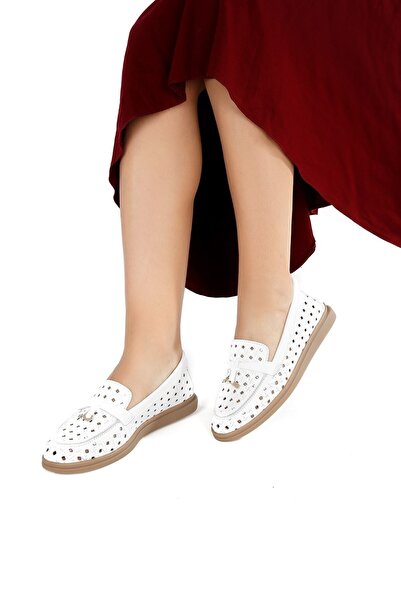 Stilbagshoes Viola Lazer Baskılı Ortopedik Hakiki Deri Kadın Ayakkabı Beyaz