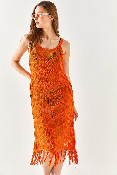 Olalook Orangefarbenes Träger-Strandkleid aus transparentem Strick für Damen ELB-19001924