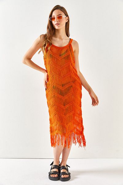 Olalook Orangefarbenes Träger-Strandkleid aus transparentem Strick für Damen ELB-19001924