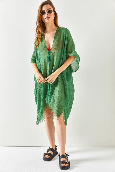 Olalook Women's Green Slit Laced Pareo Kimono KMN-00000063