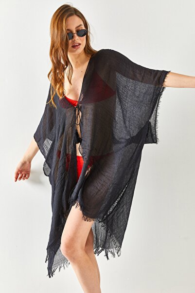 Olalook Dámské černé kimono Pareo s rozparkem KMN-00000063