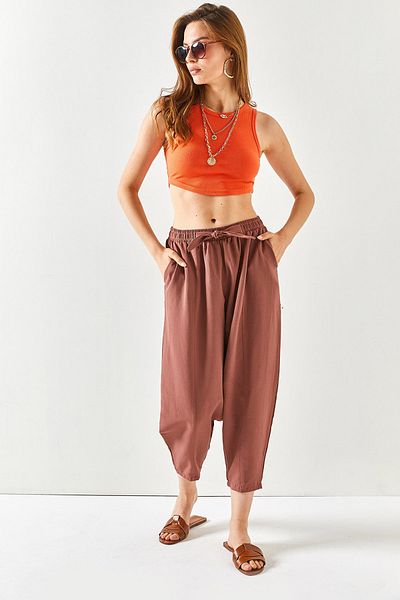 Olalook Women's Bitter Brown Pocket Sewing Detailed Linen Shalwar Trousers PNT-19000234