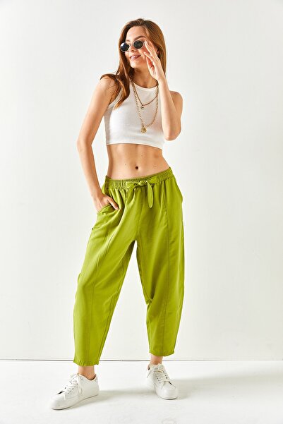 Olalook Kadın Yağ Yeşili Cepli Dikiş Detaylı Keten Şalvar Pantolon PNT-19000234