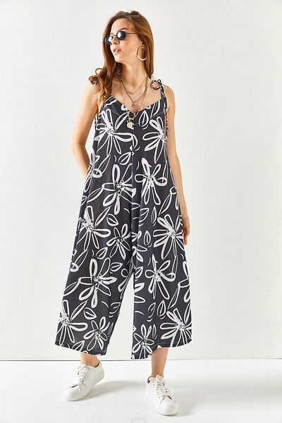 Olalook Women's Black Strap Tie Patterned Camisole Jumpsuit TLM-19000149