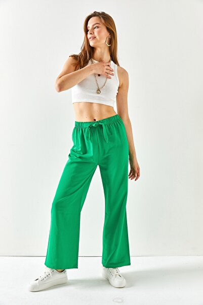 Olalook Women's Grass Green Elastic Waist Laced Palazzo Linen Trousers PNT-19000219