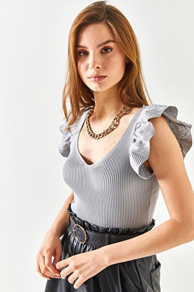 Olalook Women's Gray Front Back V Shoulder Ruffle Knitwear Blouse BLZ-19001097