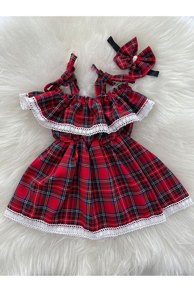 Moda Lina Baby Girl Lace Red Plaid Salopet Bandana Set