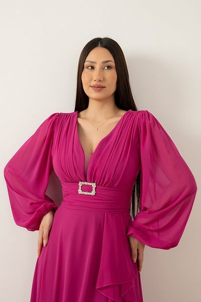 PULLIMM Long Sleeve Buckle Belt Chiffon Dress DNS1333