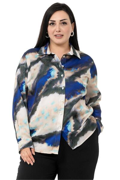 DISENTIS MODEST Cămașă bleumarin din satin cu model Tie-Dye de mărime mare