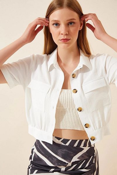 MEECY Weiße, kurzärmlige Sommerjacke aus Leinen und Viskose für Damen