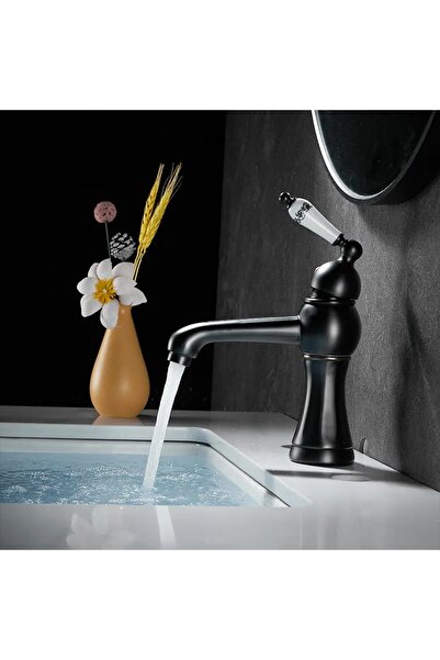 Anunnaki Antika Siyah Sıcak ve Soğuk Güverte Üstü Musluk Bataryası