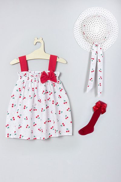 ADABEBEK Cherry Patterned Dress with Hat, Knee-Length Bowknot Socks Set 008