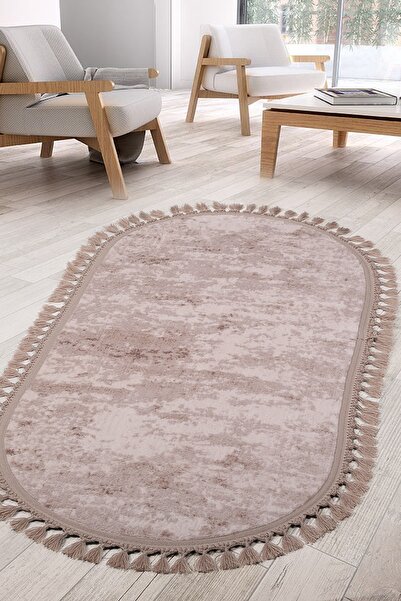 Teksev Nova Vizon Oval Ponpon Saçaklı Makinede Yıkanabilir Kaymaz Püsküllü De...