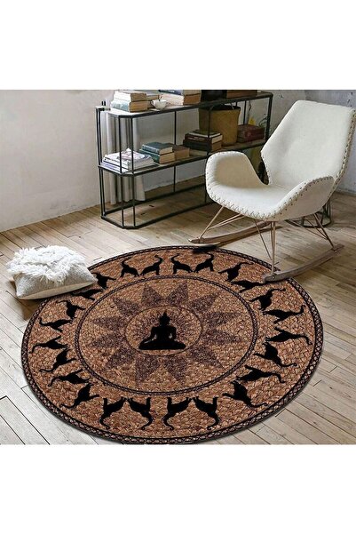 Teksev Yoga & Fil Desenli Jüt Hasır Halı Koridor Yolluk KS-1033 Yuvarlak Deko...