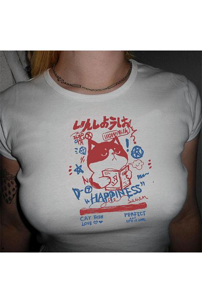 Touz Cămașă Albă Crop - Blunt Blunt Happiness Cat Printed