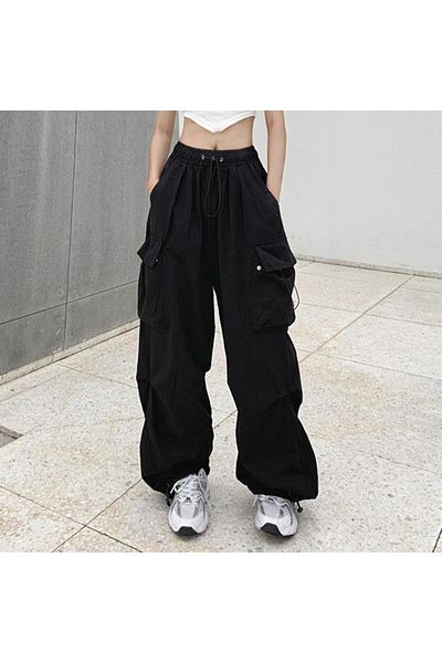 Touz Blunt Black Tactical Parachute Fabric Oversize Unisex Trousers with Cargo Pocket