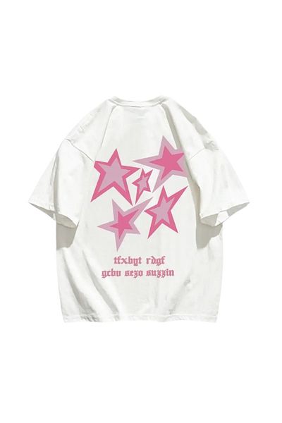 EFBUTİK Λευκό μπλουζάκι Unisex με στάμπα ροζ αστέρι