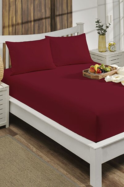 LIV CALISTA 150x200 Elastic Sheet Set Cotton Ranforce Duvet Cover Fabric for Double 30 Cm Edge Burgundy