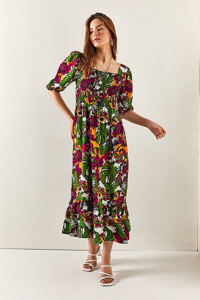 Olalook Women's Palm Green Patterned Roba Gipe Loose Woven Viscose Dress ELB-19001921