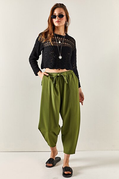 Olalook Kadın Haki Cepli Dikiş Detaylı Keten Şalvar Pantolon PNT-19000234