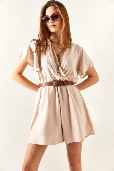 Olalook Women's Stone Double Breasted Collar Elastic Waist Shorts Jumpsuit TLM-19000146