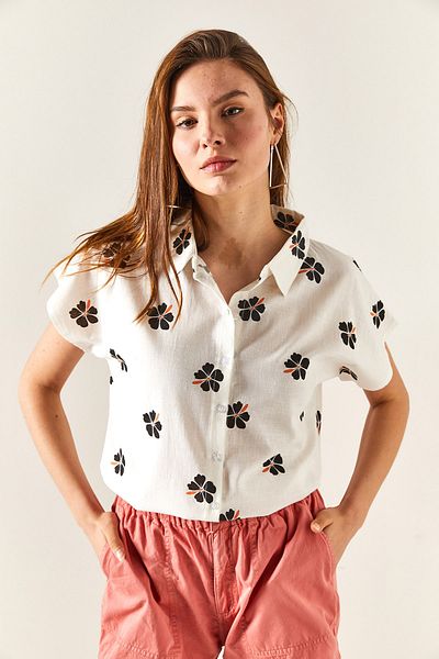 Olalook Dámská lněná netopýří košile s černým vzorem Daisy GML-19001129