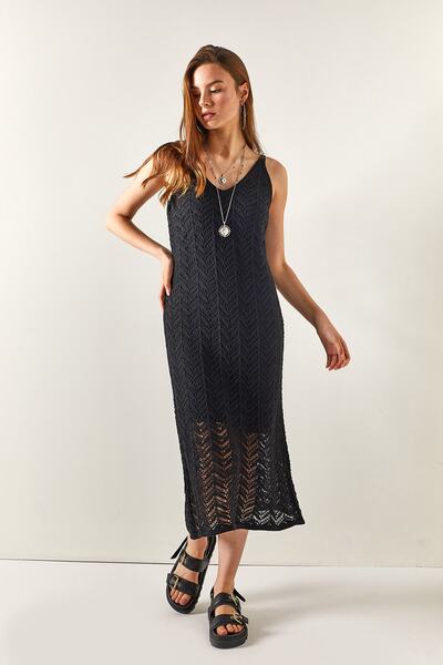 Olalook Kadın Siyah Astarlı Zikzak Desenli Pamuk Triko Elbise ELB-19001912