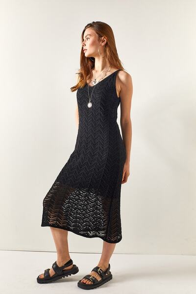 Olalook Kadın Siyah Astarlı Zikzak Desenli Pamuk Triko Elbise ELB-19001912