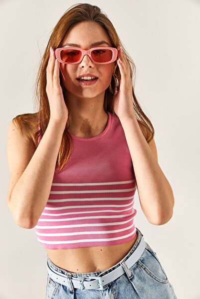 Olalook Γυναικεία πλεκτά μπλούζα ροζ έξι ριγέ Crop BLZ-19002323