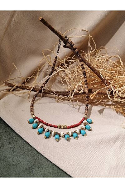 ALMOND DESIGN DOĞAL TAŞ, SERAMİK, PİRİNÇ, KOKONAT, KEMİK DİZİLİMLİ ETNİK-OTANTİK-BOHEM KADIN KOLYE - 46 cm