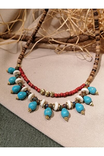 ALMOND DESIGN DOĞAL TAŞ, SERAMİK, PİRİNÇ, KOKONAT, KEMİK DİZİLİMLİ ETNİK-OTANTİK-BOHEM KADIN KOLYE - 46 cm