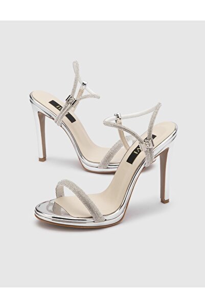 İLVİ Durgesh Genuine Leather Women's Silver Stone Heeled Sandals