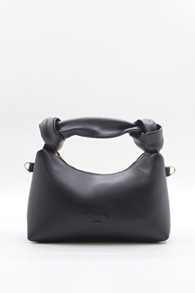 NOTHING Women's Dark Navy Blue Soft Leather Knot Detailed Handled Chain Strap Mini Hand Shoulder Baguette Bag