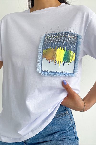 FEMELLE Women's White New Season Pocket Denim Beaded Embroidered Foil Patterned Cotton T-Shirt