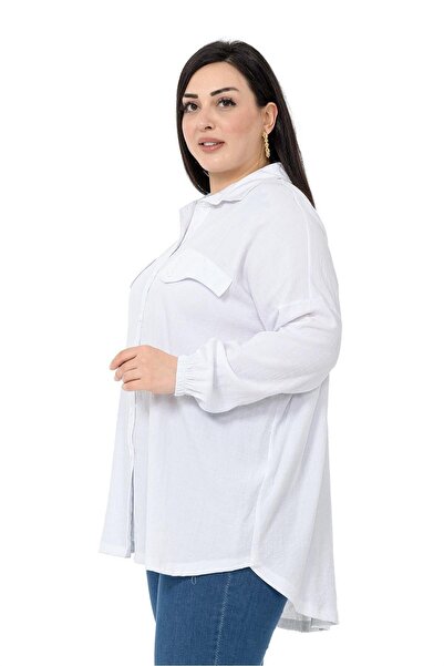 DISENTIS MODEST Large Size White Shirt with Pocket Cover Detail and Elastic Sleeve Mouth