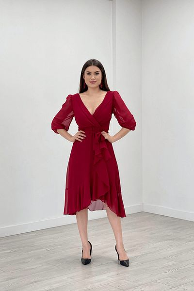 giyimmasalı Chiffon Fabric Flounce Detailed Evening Dress - Claret Red