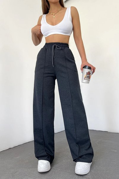 CNG MODA Pantaloni de trening de damă, cu dungi, wide leg, negru