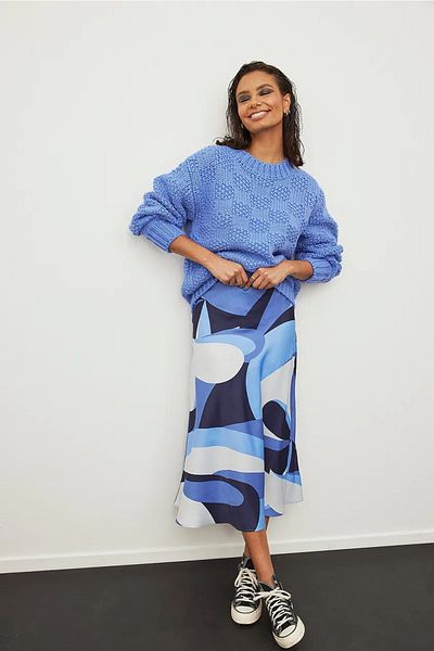 afeta Fusta midi din satin cu modele