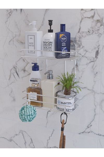 SUNTEL BANYO VE MUTFAK AKSESUARLARI Αυτοκόλλητο ράφι μπάνιου χρωμίου + 2 τμχ S γάντζος δώρο