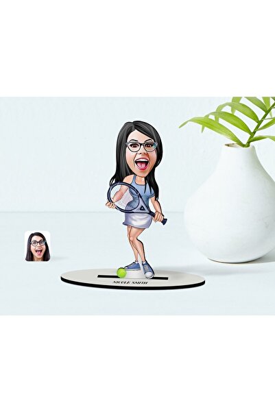 Bk Gift Kişiye Özel Tenis Oyuncusu Karikatür Ahşap Biblo - 1
