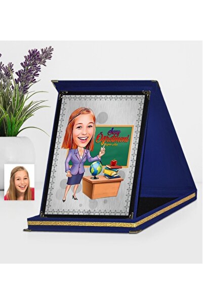 Bk Gift Kişiye Özel Öğretmen Karikatürlü Lacivert Plaket - 1