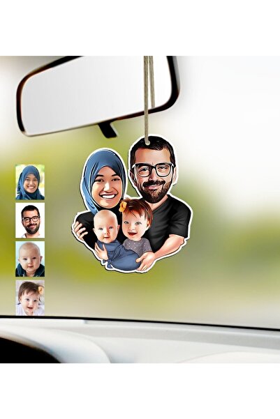 Bk Gift Kişiye Özel Aile Karikatürlü Ahşap Araba Dikiz Ayna Süsü-4