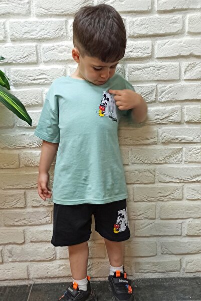 endudu Yeni Sezon Oversize Ön Arka Baskılı Mickey Mouse Desenli Yazlık Şortlu Alt Üst Takım