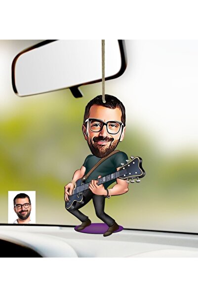 Bk Gift Kişiye Özel Gitarist Karikatürlü Ahşap Araba Dikiz Ayna Süsü-1