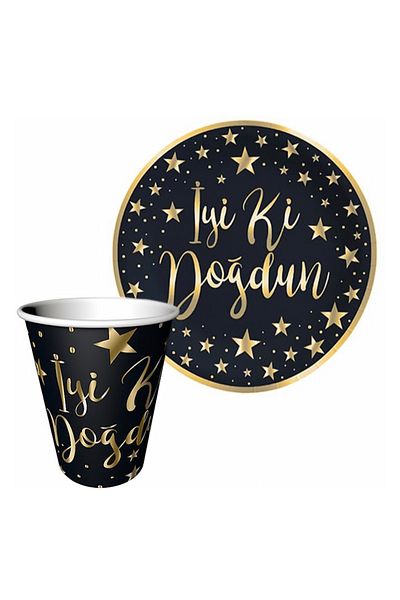 Chuva Plate-Cup Happy Birthday Black-Gold 6-Piece