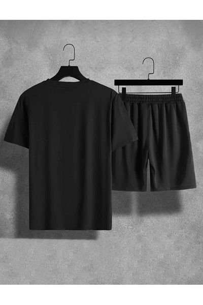 Sky Light Unisex Black Chest Vertical Printed Bottom Top Shorts T-Shirt Set