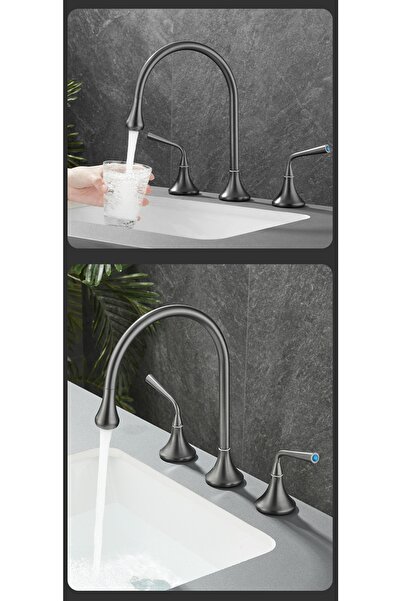Anunnaki Modern Gri 360 Derece Döner 3 Delik 2 Kulplu Banyo Tezgah Üstü Lavabo Bataryası